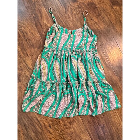 Urban Outfitters Rory Paisley Green Chiffon Tiered Mini Summer floral Dress S - Picture 3 of 5